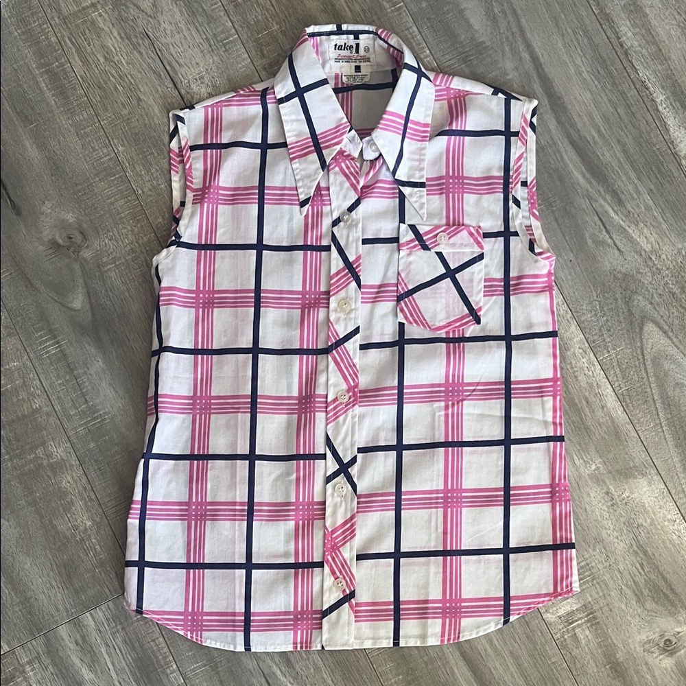 Vintage late 50s- 60s  Pink and Blue Plaid Sleeveless Blouse